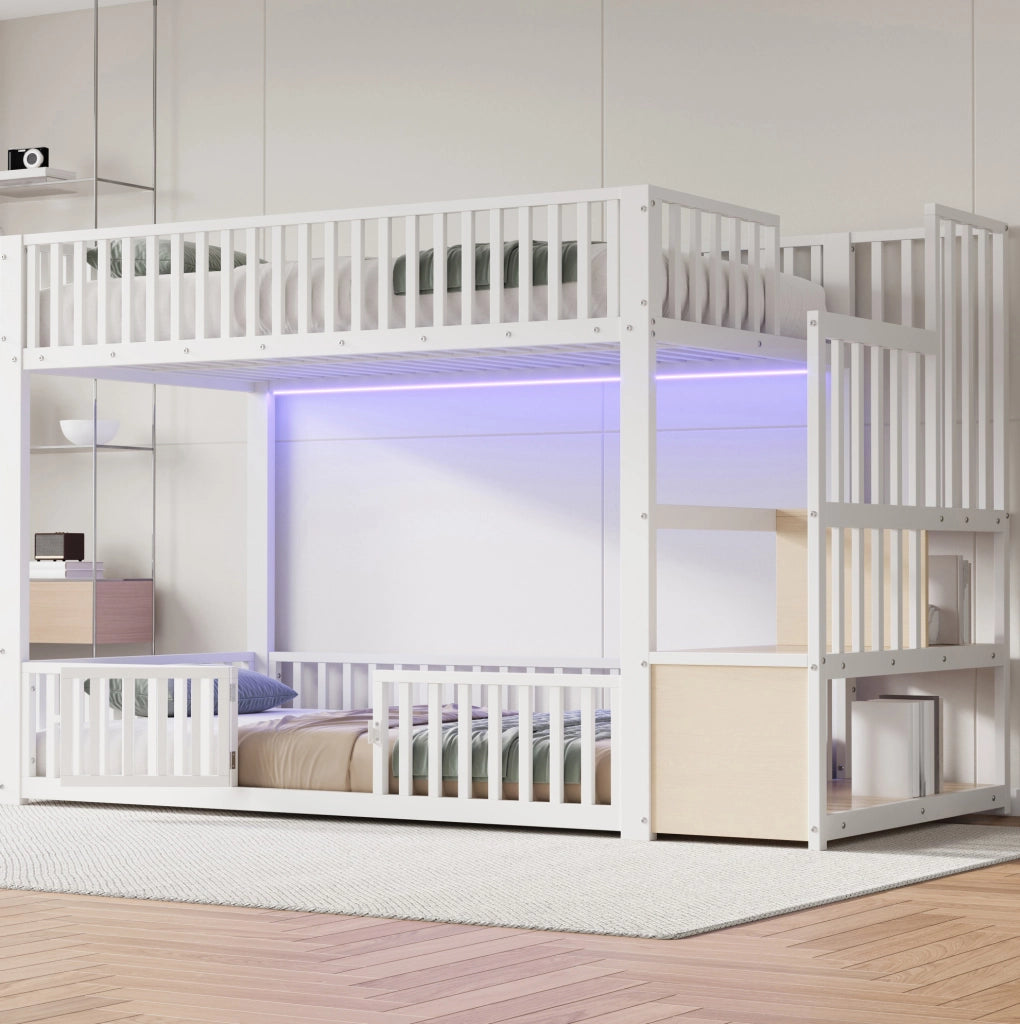 Letto a castello basso 90x200 cm con scala contenitore e LED; bianco