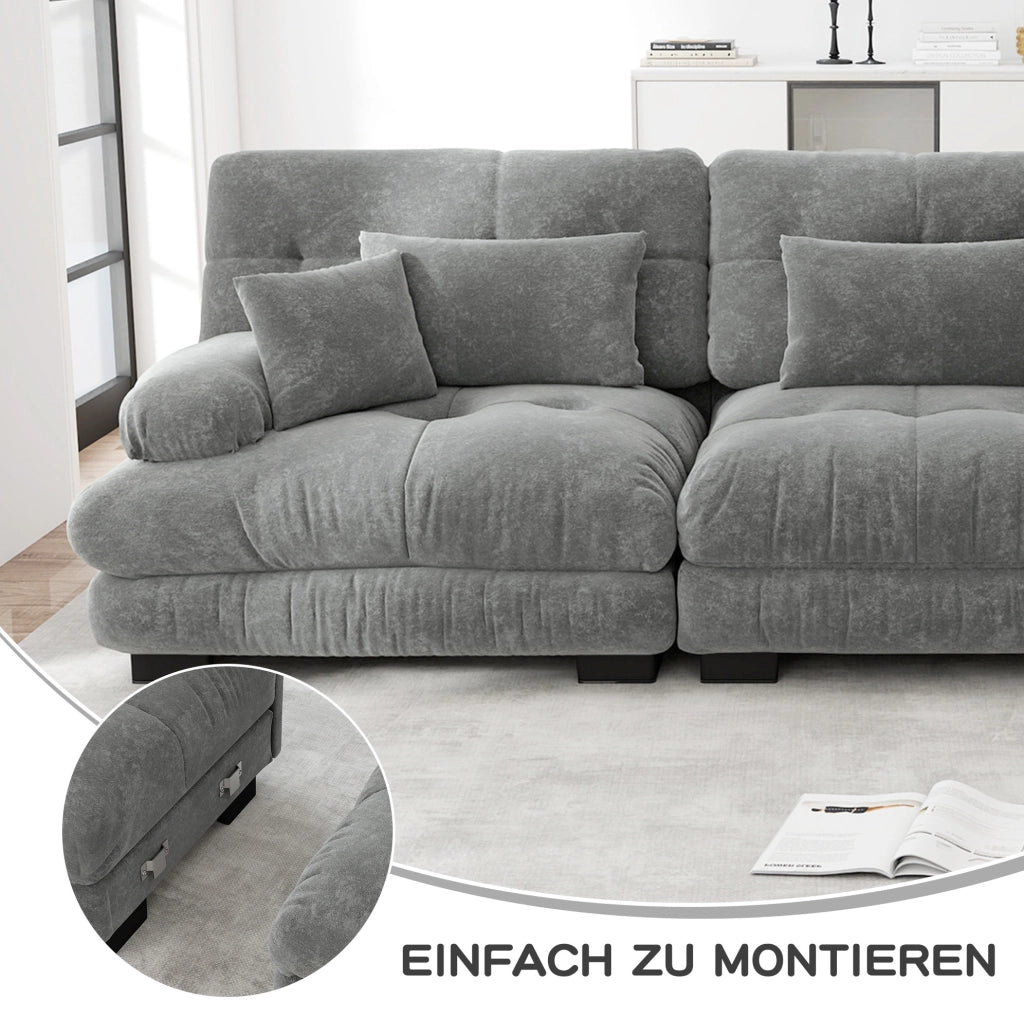 Divano modulare angolare 313x145x81 cm in ciniglia grigia con pouf mobili