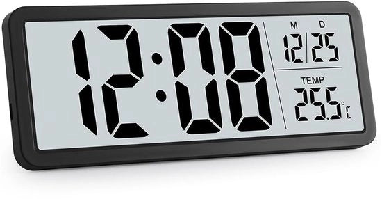 Wandklok digitale, temperatura, calendario, 12/24 ore, orologio da parete, digitale orologio da parete, orologio da parete con cifre grandi, alimentato da batterie, per cucina, soggiorno, camera da letto, ufficio, scuola, garage (nero)