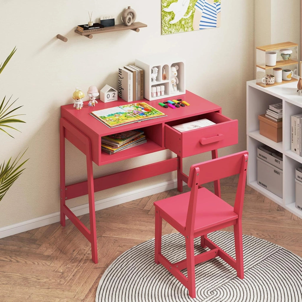 Set Tavolo e Seide per bambini in Legno, Scrivania e Sedia con Cassetto e Scomparto, Tavolino e Sedia per Cameretta, Soggiorno e Scuola (Rosa)