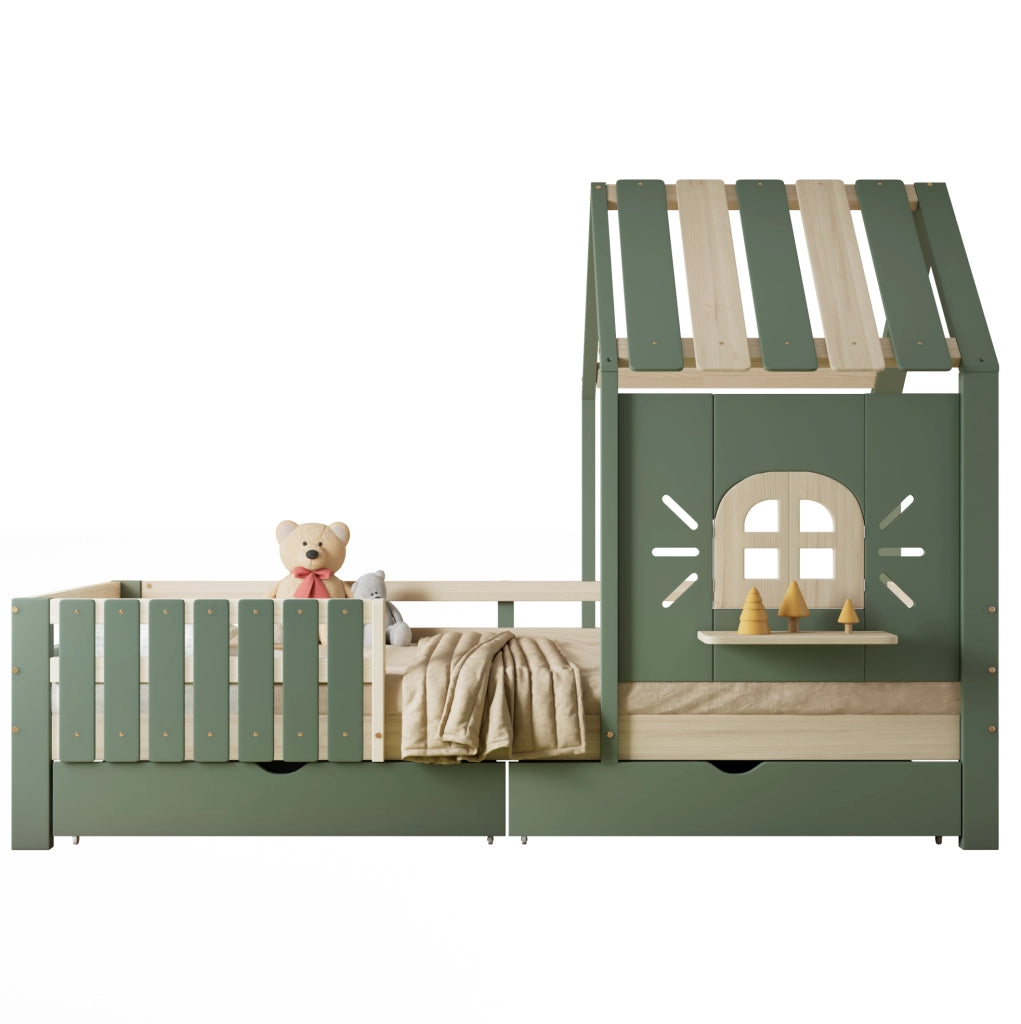 Letto a casetta per bambini verde naturale 90x200 cm con 2 cassetti
