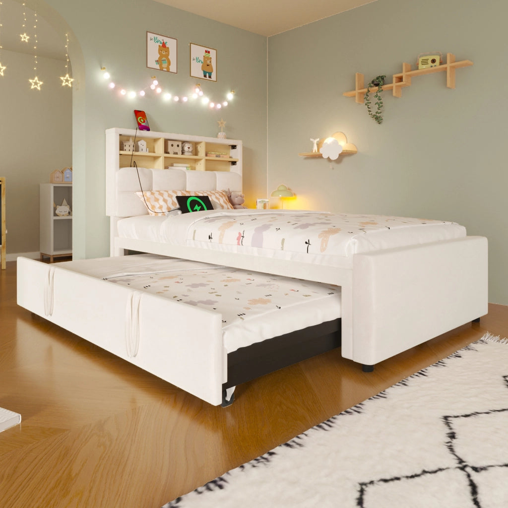 Letto singolo in velluto beige 90x200 cm con letto estraibile e prese USB