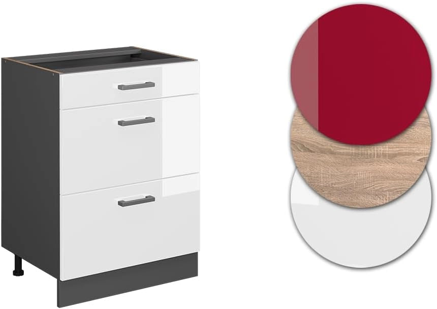Mobiletto base per cucina R-Line, Bianco lucido, 60 cm con cassetti, senza piano di lavoro, per la libera combinazione all'interno di sistemi cucina modulari