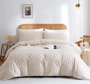 Set di copriletto reversibile, 135 x 200 cm, beige, a pois geometrici, con inserti a punto Chevron, con cerniere e copriorecchio.