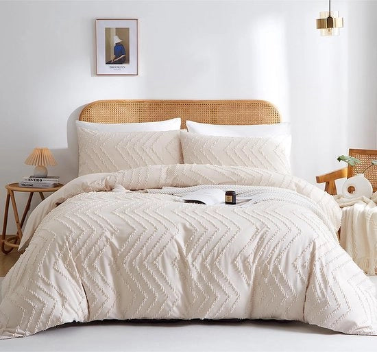 Set di copriletto reversibile, 135 x 200 cm, beige, a pois geometrici, con inserti a punto Chevron, con cerniere e copriorecchio.