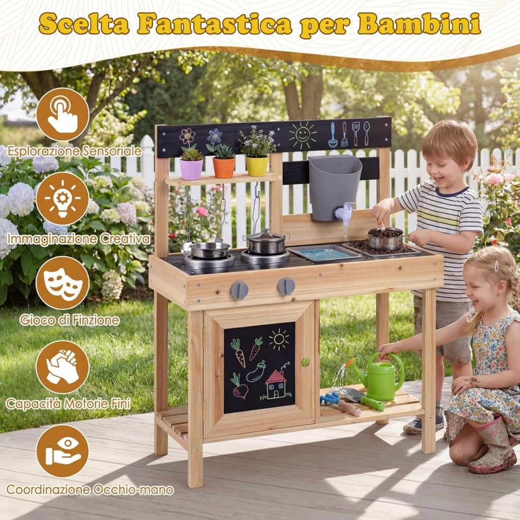 Cucina Giocattolo da Esterno per Bambini in Legno, Cucinetta per Giocare Sabbia, Gioco Montessori con Lavagne, Lavandini, Serbatoio d'Acqua e Utensili e Ampio Spazio di Stoccaggio