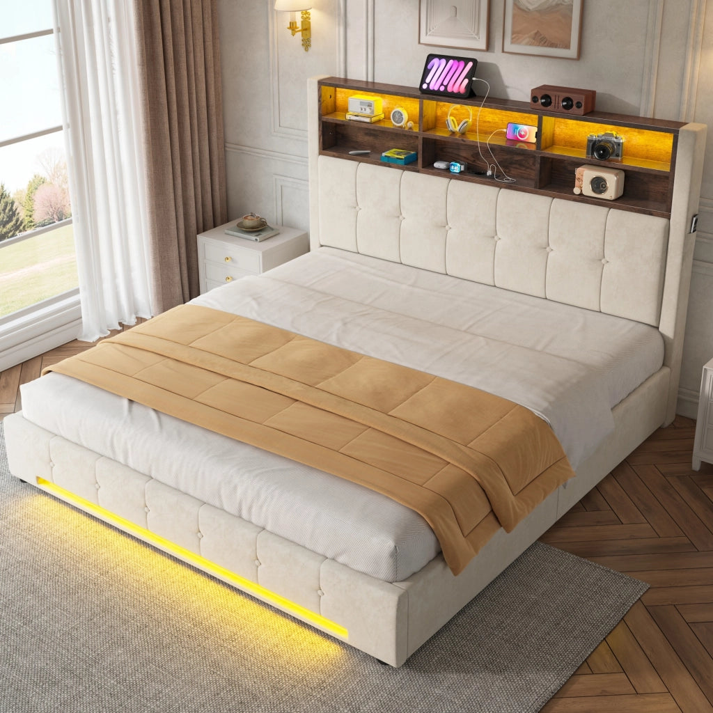 Letto Contenitore 180x200 cm; Letto Matrimoniale con LED; USB-C e vani testiera