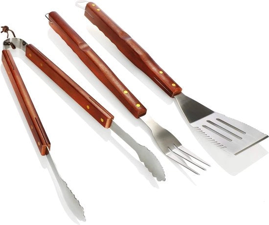 Set di griglia in acciaio inossidabile a 3 pezzi - forchetta di griglia spatola di griglia - accessori BBQ manico in legno - 03 pezzi di accessori BBQ marrone