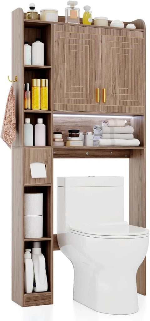 Mobile da Bagno Sopra WC, Scaffale Salvaspazio con Armadietto a 2 Ante, 6 Scomparti Aperti, Porta Fazzoletti, Gancio e Ripiano Regolabile, Mobiletto per Bagno e Lavanderia (Bianco)