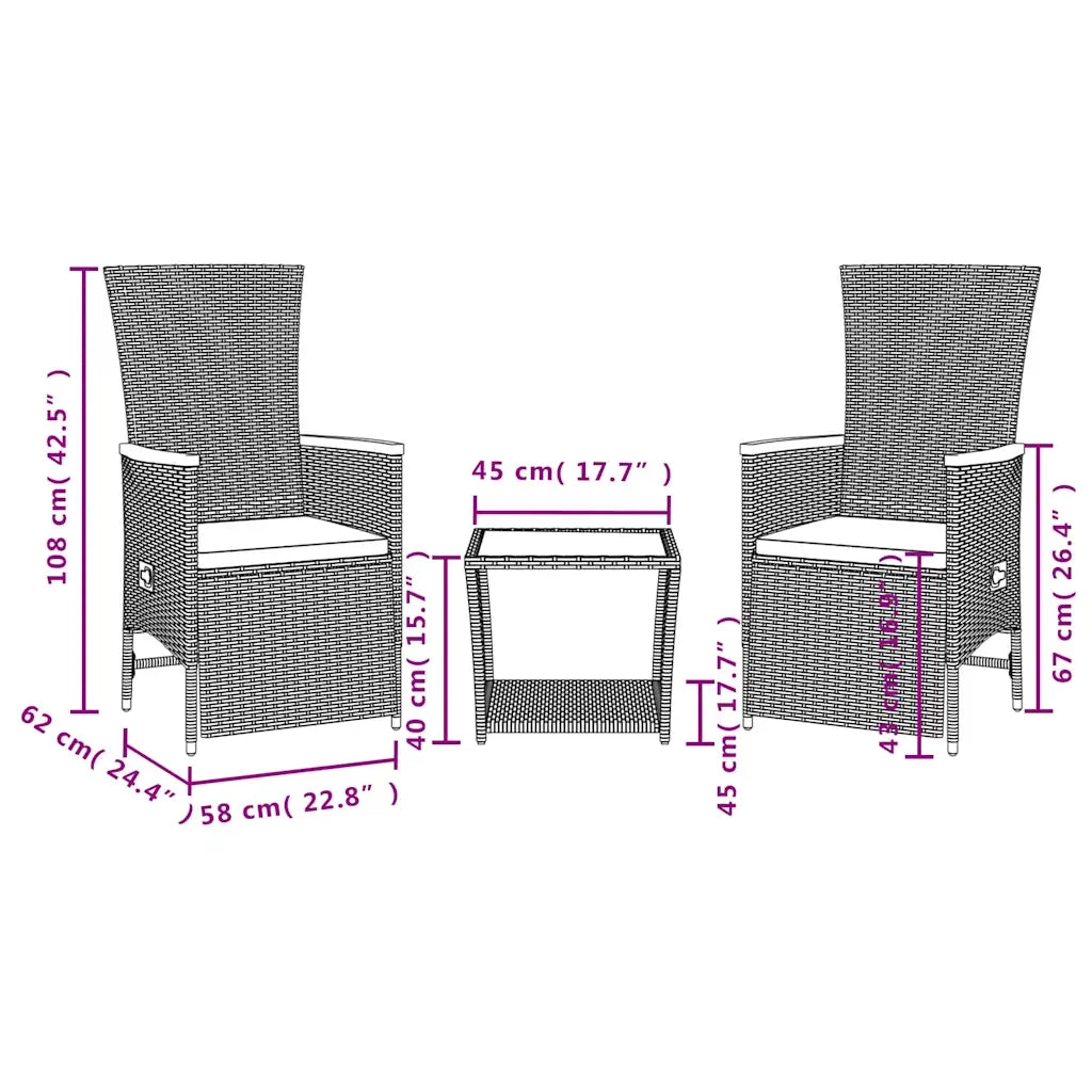 Set da Pranzo da Giardino 3 pz | Set Salotto da Giardino con Cuscini Nero in Polyrattan