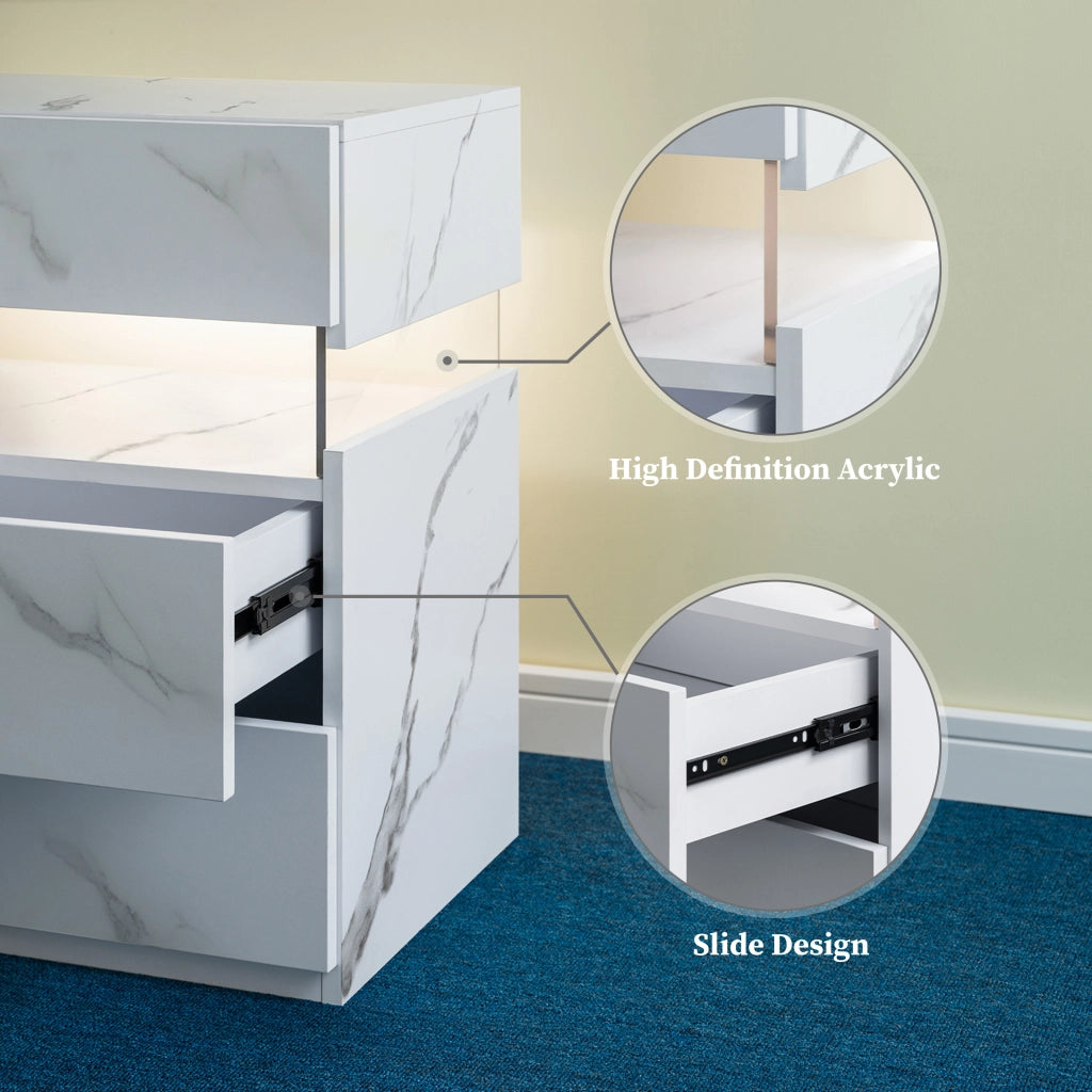 Comodino con luce LED e 3 cassetti in legno ingegnerizzato con pannello acrilico per camera da letto, bianco
