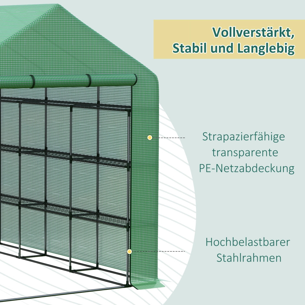 Serra a tunnel con 8 ripiani, serra per pomodori con porta, verde, realizzata in acciaio e plastica PE