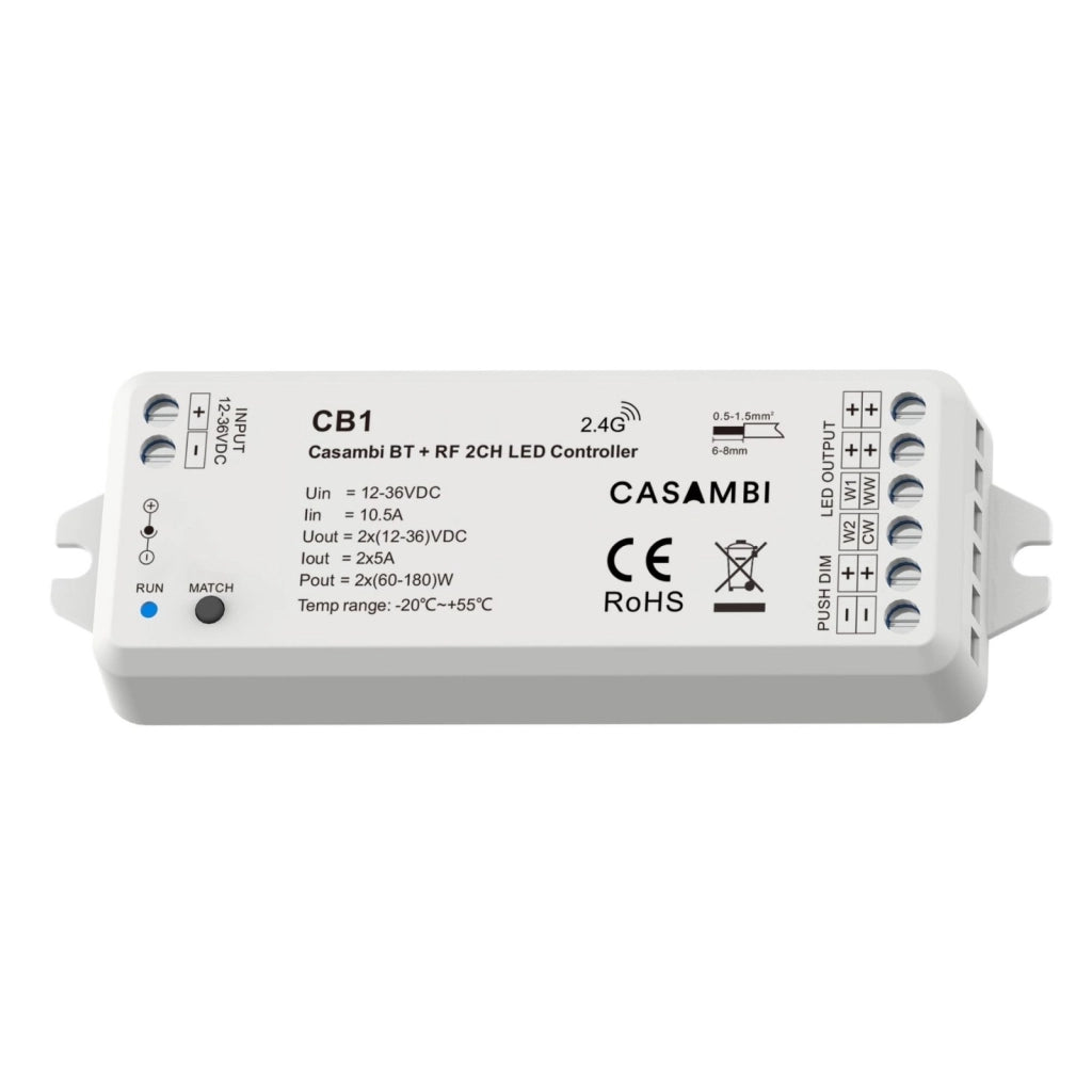 Led Dimmer Bluetooth APP Casambi, Pulsante NO, RF 2.4GHz, Per Striscia Led Mono Colore e CCT 12V 24V 2CHX5A, 0-100%