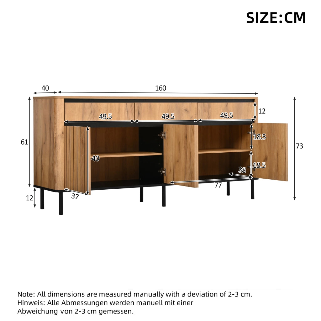 Credenza e madia con 3 cassetti e 3 ante a lamelle, per soggiorno e ingresso, in MDF naturale 160 × 40 × 73 cm