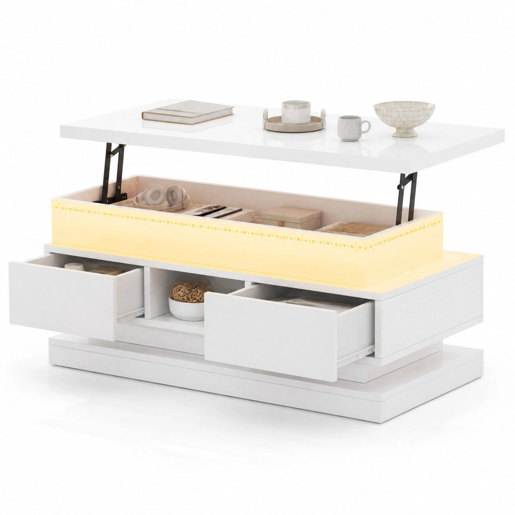 TAVOLINO DA SALOTTO ALZABILE 100 x 50 x 40 cm Bianco Lucido con LED e 2 Cassetti