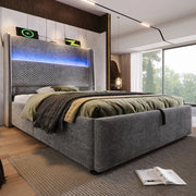 Letto singolo 90x200 cm con contenitore; testiera alta in lino grigio; LED e prese USB Type-C