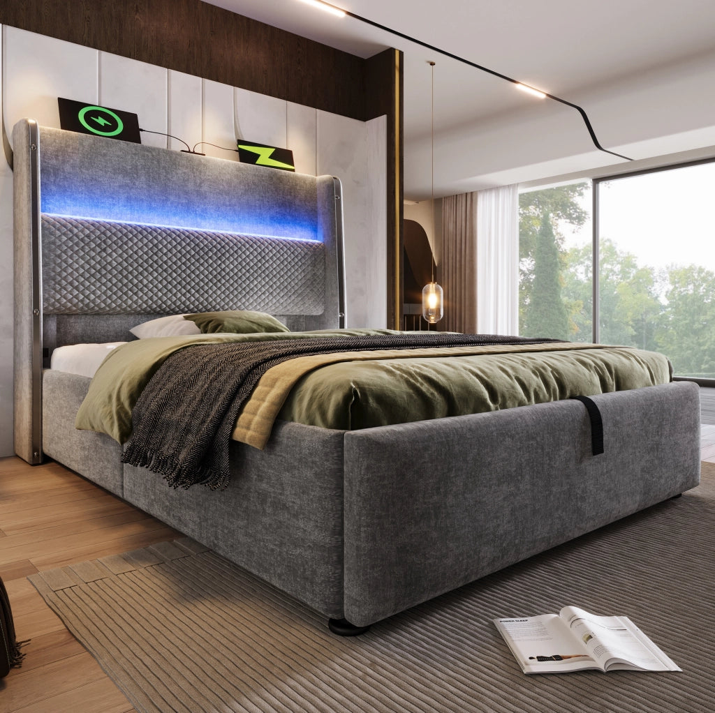 Letto singolo 90x200 cm con contenitore; testiera alta in lino grigio; LED e prese USB Type-C