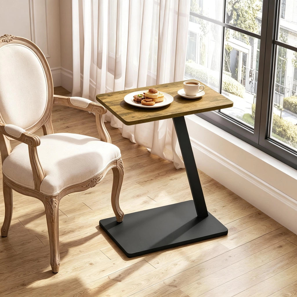 Tavolino basso a C con base in metallo, piano in MDF, salvaspazio per soggiorno e camera da letto, nero 48 × 64,5 × 33 cm