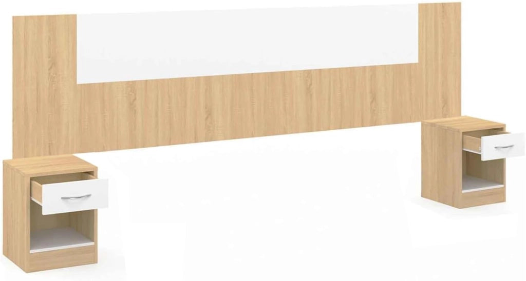 Cabecero SAPA para cama 140 y 160 CM con mesillas efecto madera y blanco