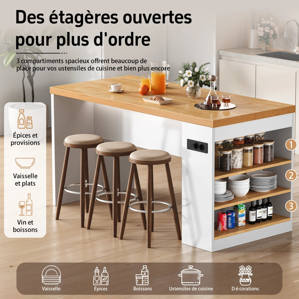 Carrello da cucina con 3 ripiani aperti; LED; prese e porte USB; per cucina e sala da pranzo; 155 × 80 × 90 cm