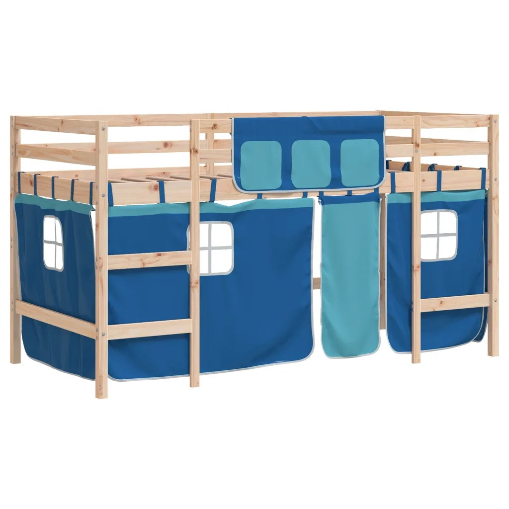 Letto a Soppalco con Tende Bambini | Letto Infantile | Lettino Blu 80x200 cm Massello Pino