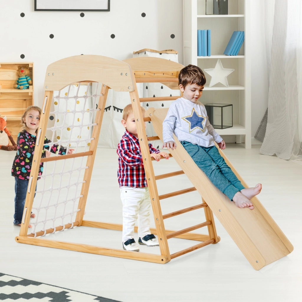 Parco giochi in legno con rampicata a doppia faccia sbarre per scimmie, Set gioco da arrampicata montessori Naturale-Arrampicate e scivoli