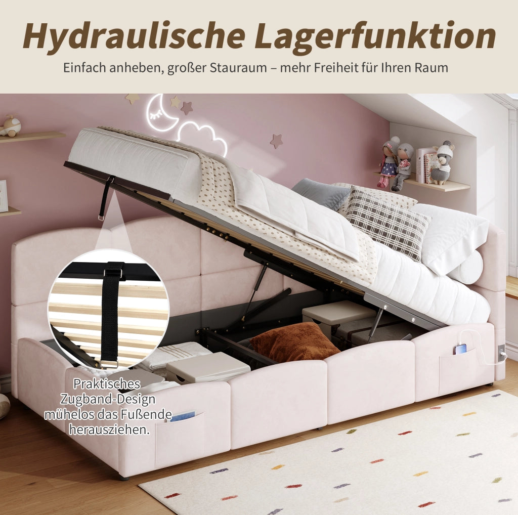 Letto imbottito 90x200 cm rosa con contenitore e USB