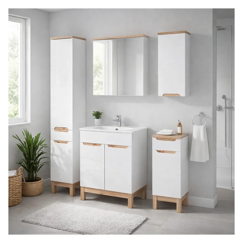 Insieme ERMANO: mobile sotto lavabo 60cm + lavabo da incasso + sifone + colonna + contenitori + mobile con specchi