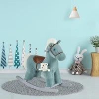 Cavallo a Dondolo per Bambini in Peluche e Legno con Suoni e Orsetto Incluso, per Bimbi da 18-36 Mesi, 65x26x55cm, Blu