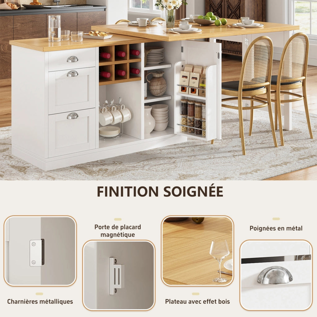 Tavolo bar estensibile con contenitore; 1 cassetto; portabottiglie; mobile cucina girevole 360°; per cucina; 120 × 40 × 74 cm