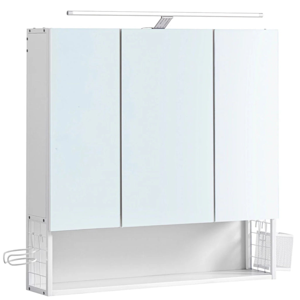 Mobiletto da bagno sospeso con specchio 14,5 x 70 x 70 cm con luce LED 3 ante ripiano regolabile portaphon stile moderno chic bianco 12_0004038