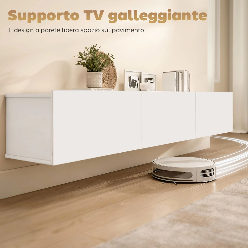Mobile Porta TV fino a 82" Sospeso con 3 Armadietti a Ribalta e Ante Soft Close, Bianco