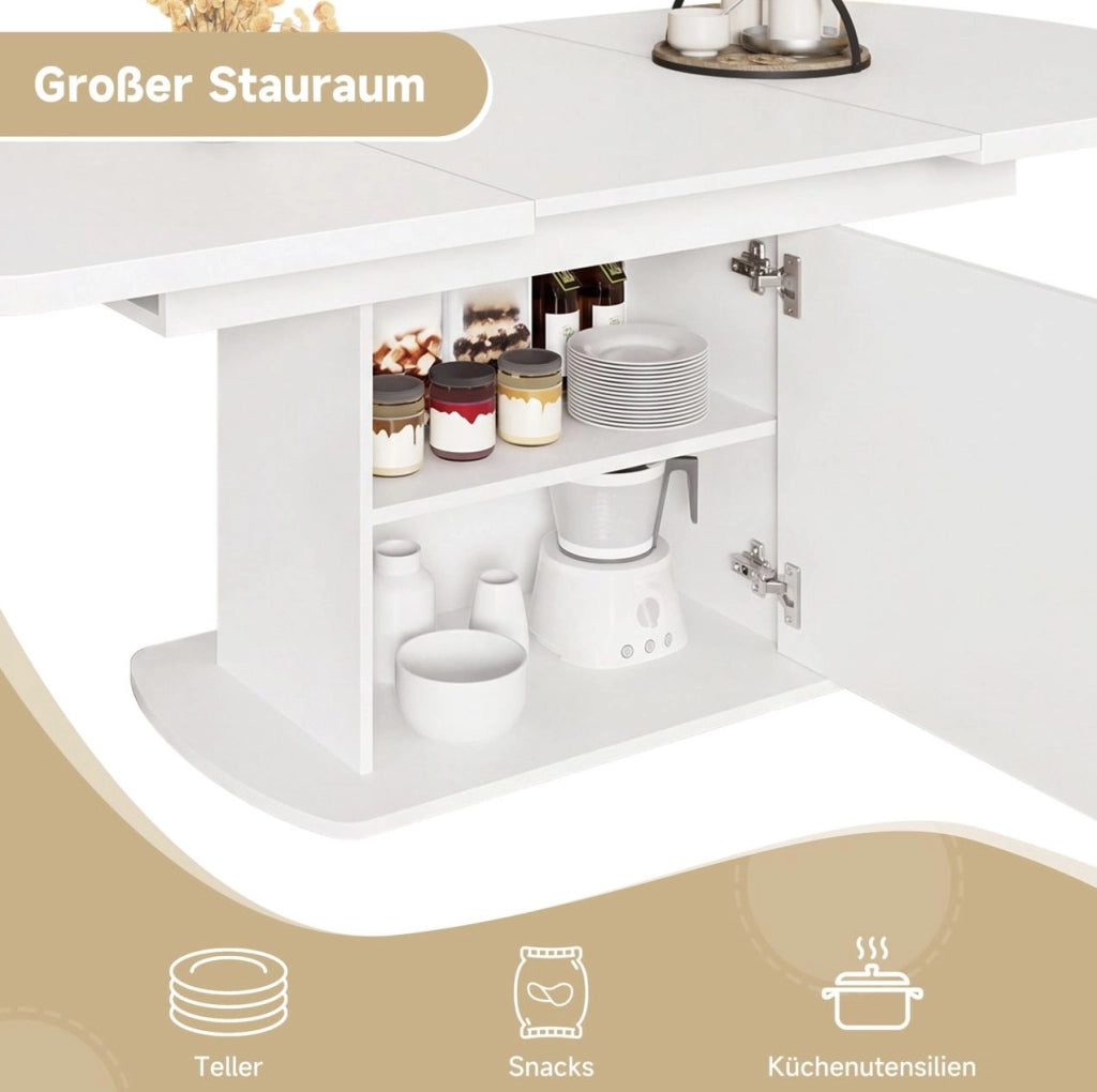Tavolo da pranzo allungabile con vano contenitore 140/200 x 80 x 75 cm; bianco e argento