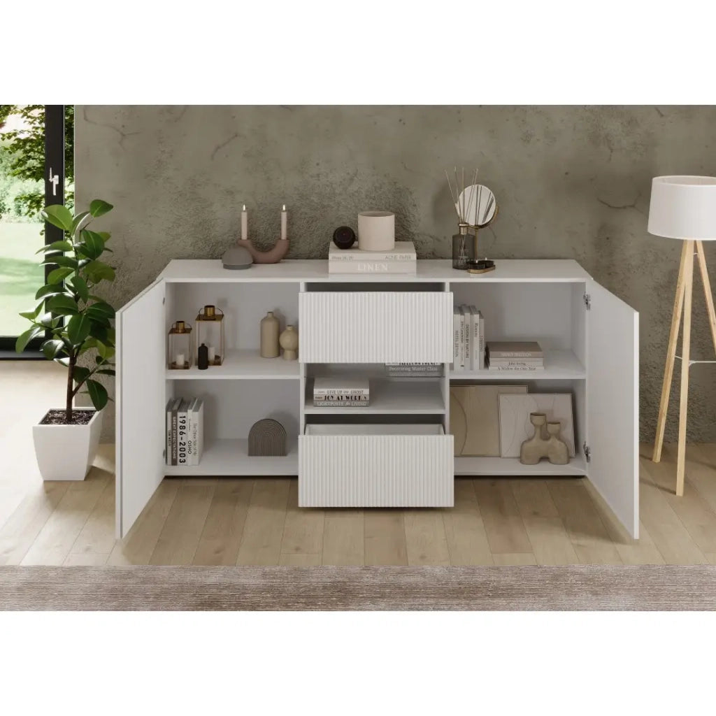 Buffet SCENA – L181×H84×P42 cm – 2 porte + 2 cassetti + nicchia – Bianco laccato