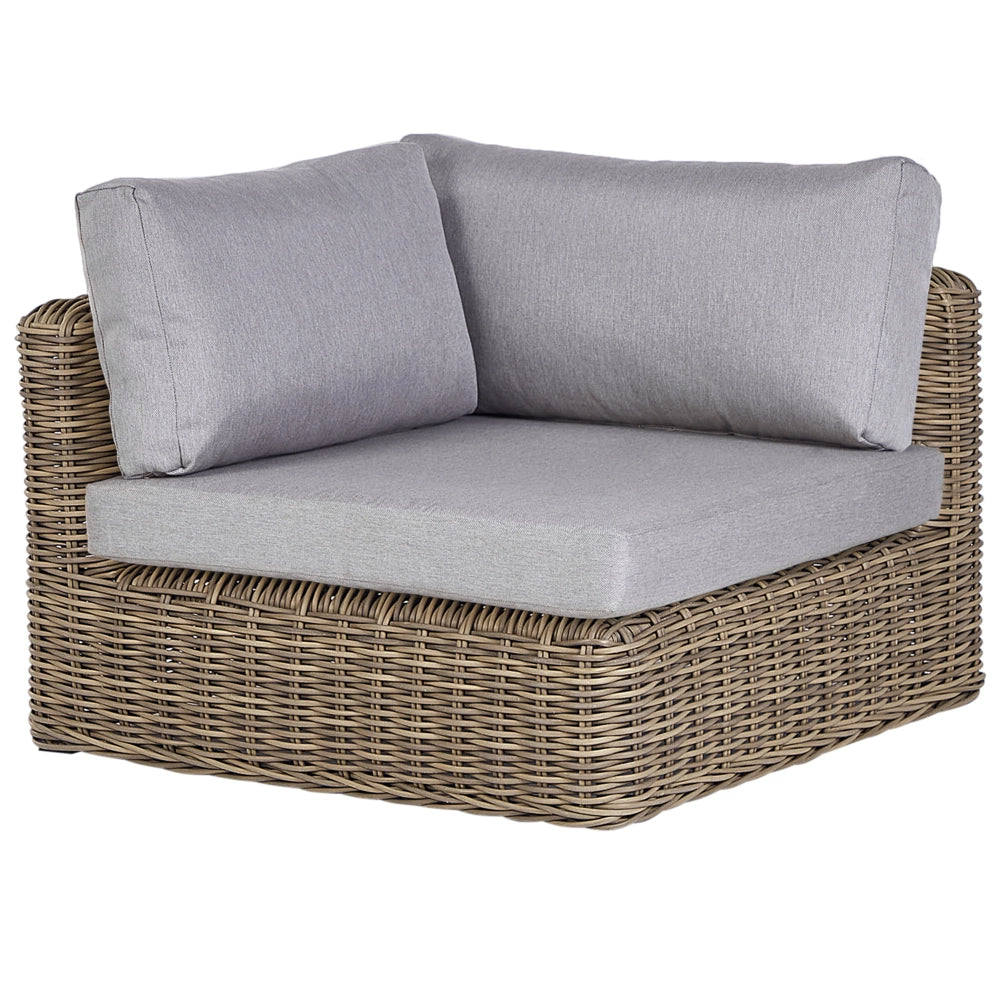 Set da giardino marrone chiaro in vimini spazzolato PE rattan divano angolare modulare con pouf cuscini grigi per esterni