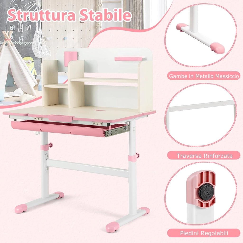 Scrivania per Bambini Regolabile in Altezza da 50 a 73cm, Rosa | Scrivania da Studio con Piano Inclinabile 60°, Scrittoio Cameretta con Scaffale, Cassetto, Portapenne e Righello