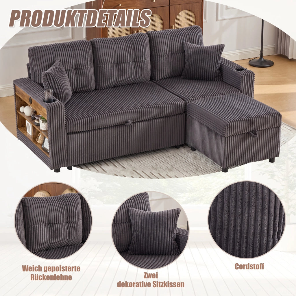 DIVANO letto estraibile 196 cm grigio scuro in corduroy con USB-C e LED