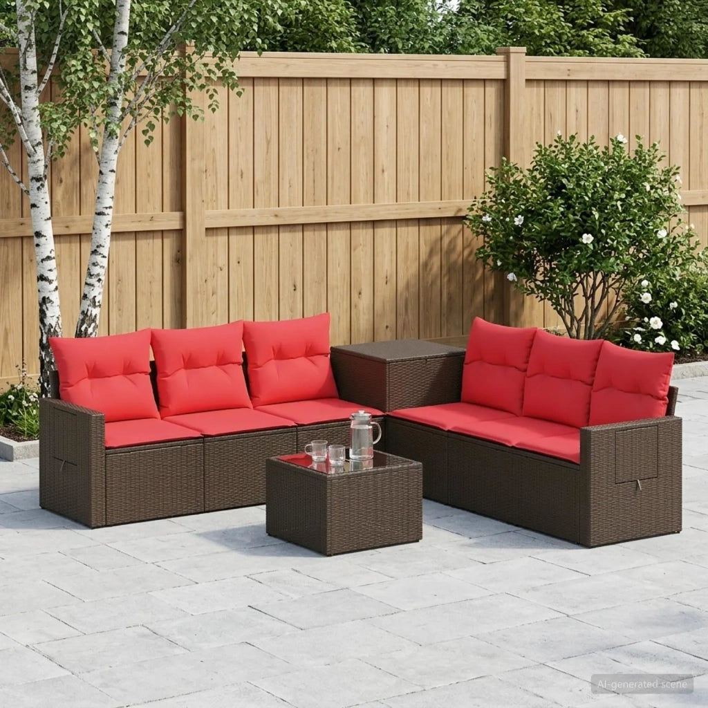 Set di divani 8 pz Marrone e Rosso Rattan sintetico e Acciaio 3448381