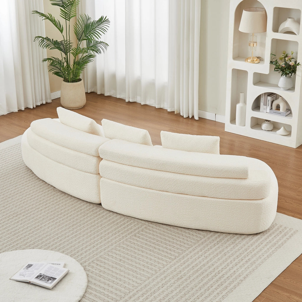 Divano modulare a due moduli curvi segmentati senza braccioli con 3 cuscini schienale per salotto in ciniglia beige