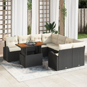 Set da Pranzo Giardino con Cuscini Neri in Polyrattan e Acacia