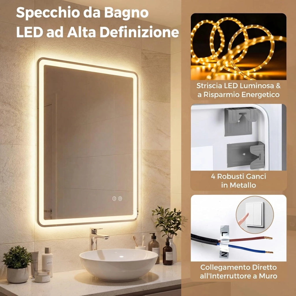 Specchio da Bagno LED 70 x 50 cm, Vetro Temperato Antiesplosione, Specchio da Parete Retroilluminato Dimmerabile con 3 Colori di Illuminazione e Anti-Appannamento (70 x 50 x 3 cm)