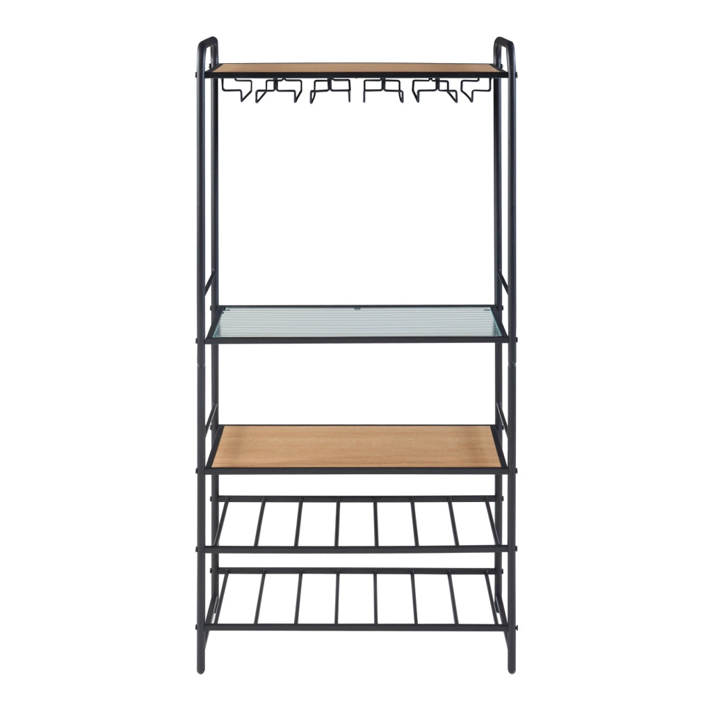 Scaffale Hustadvika Portabottiglie da Vino e Calici con Piani di Appoggio - Nero / Effetto Rovere [en.casa]