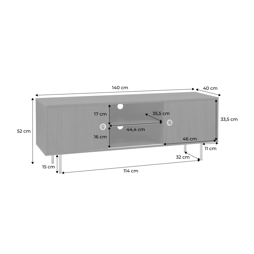 Mobile tv vintage in legno e acciaio inossidabile a 2 ante, 140cm,
