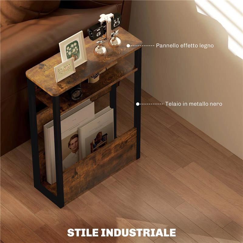 TAVOLINO DA SOGGIORNO IN STILE INDUSTRIALE CON 2 RIPIANI, IN LEGNO E METALLO, 46X18X58.5 CM, MARRONE