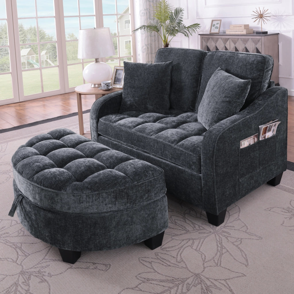 Divano letto 2 posti con vano contenitore e chaise longue per spazi piccoli, in Eucalipto, Nero