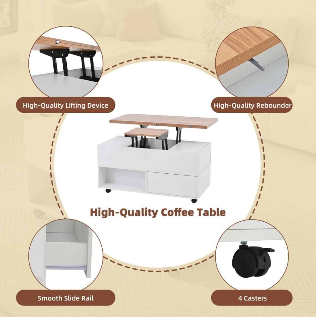 Tavolino da caffè sollevabile 100x50x52 cm con 4 ruote; 4 cassetti e piano estensibile bianco e legno