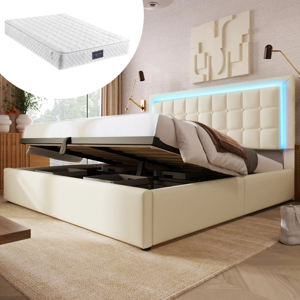 LETTO Contenitore 140x200 cm Bianco in PU con LED e materasso incluso