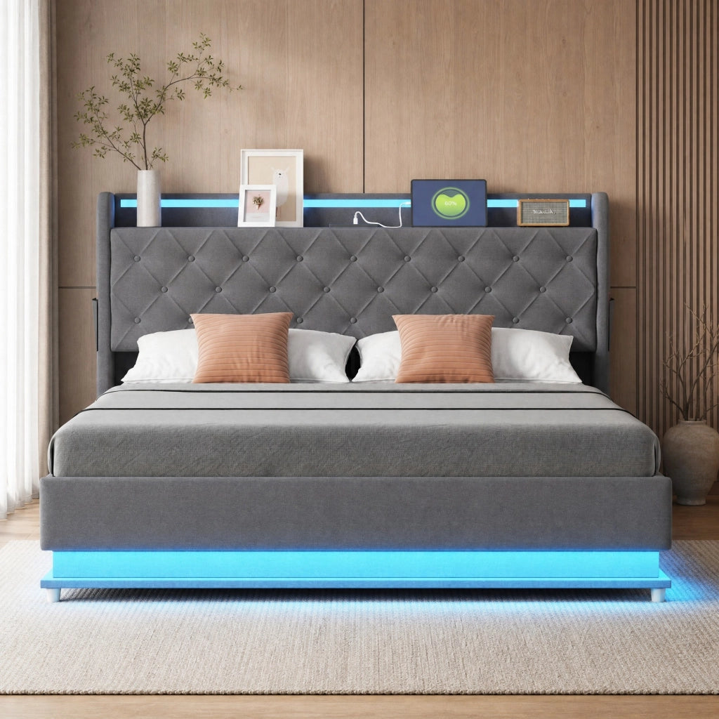 LETTO imbottito LED 160x200 cm grigio con USB e contenitore