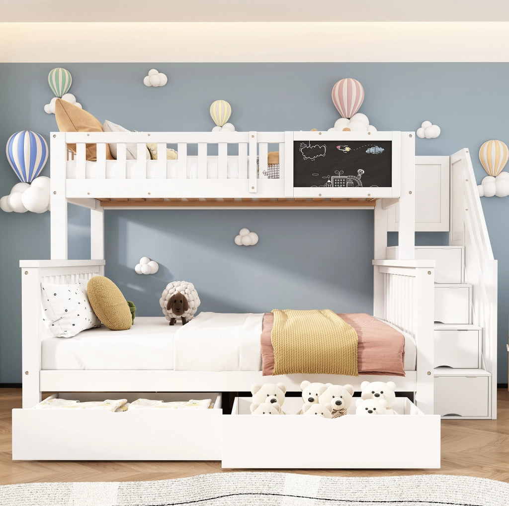Letto a castello bianco per bambini con lavagna, scaletta contenitore e cassetti