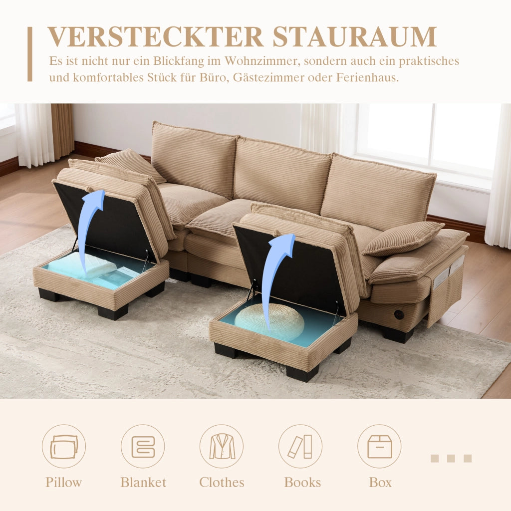 Divano modulare 3 posti con 2 pouf e porta USB-C tasche laterali cuscini spessi ergonomico in tessuto corduroy kaki